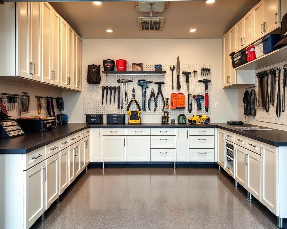 Clean, organized garage with shelving and labeled bins