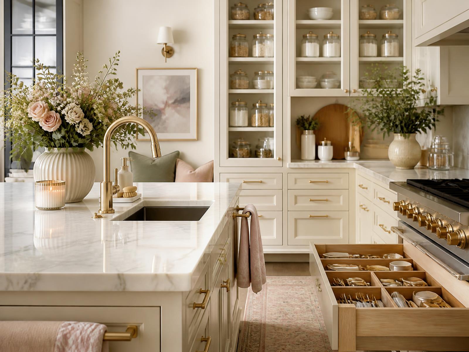 Luxury organized kitchen with cream cabinetry, marble counters, and styled canisters