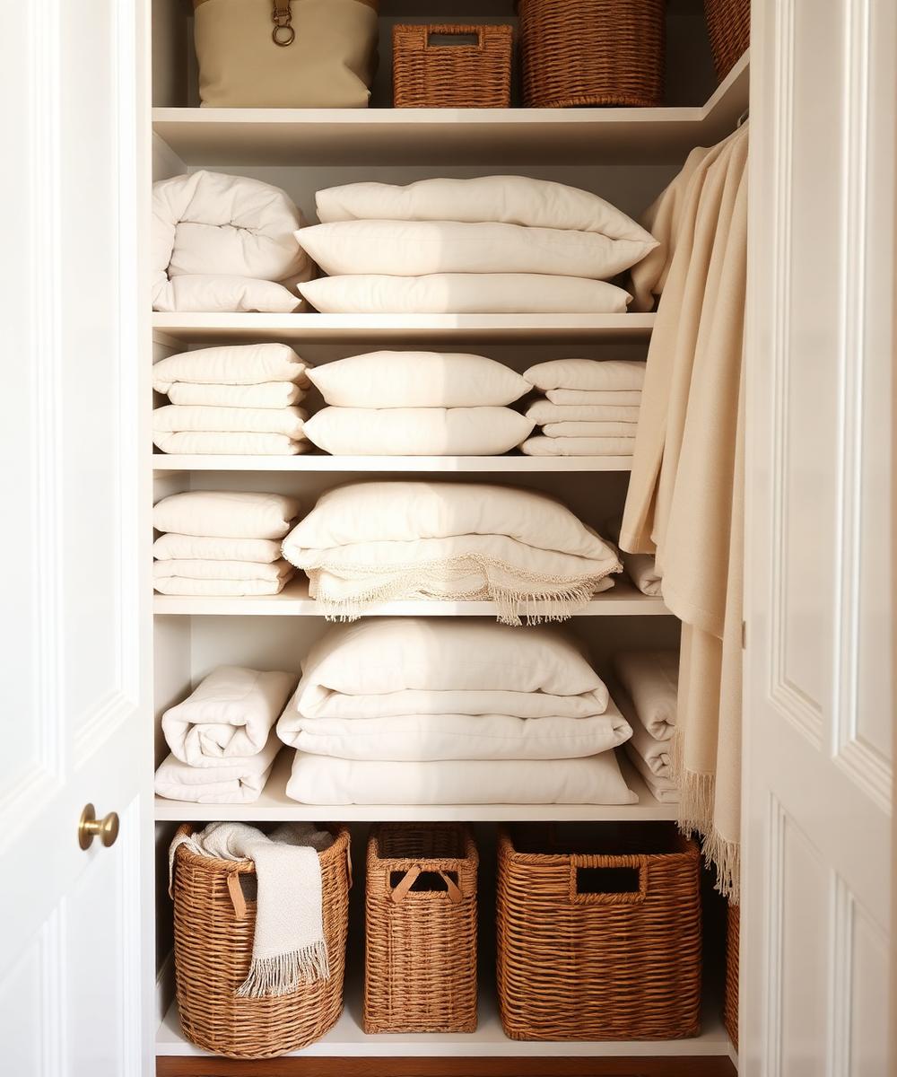 Linen closet with neatly folded whites and labeled baskets