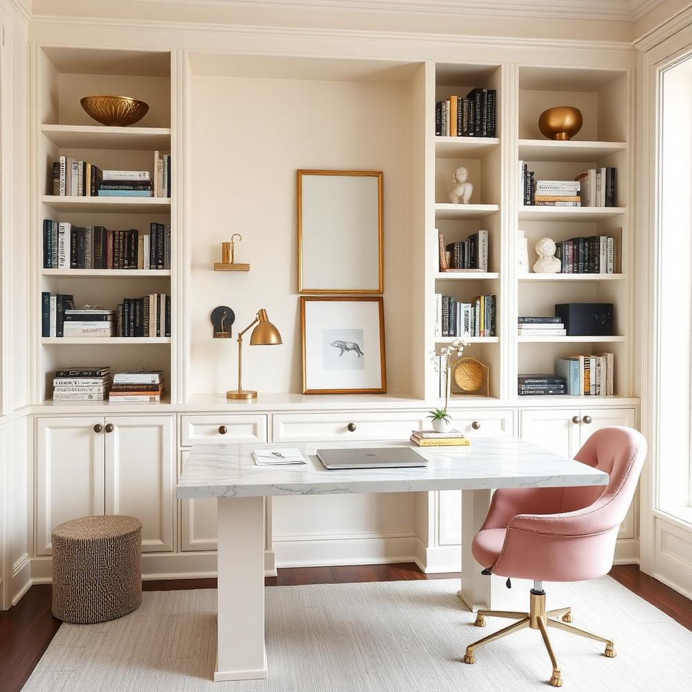 Elegant cream home office with organized shelving and desk