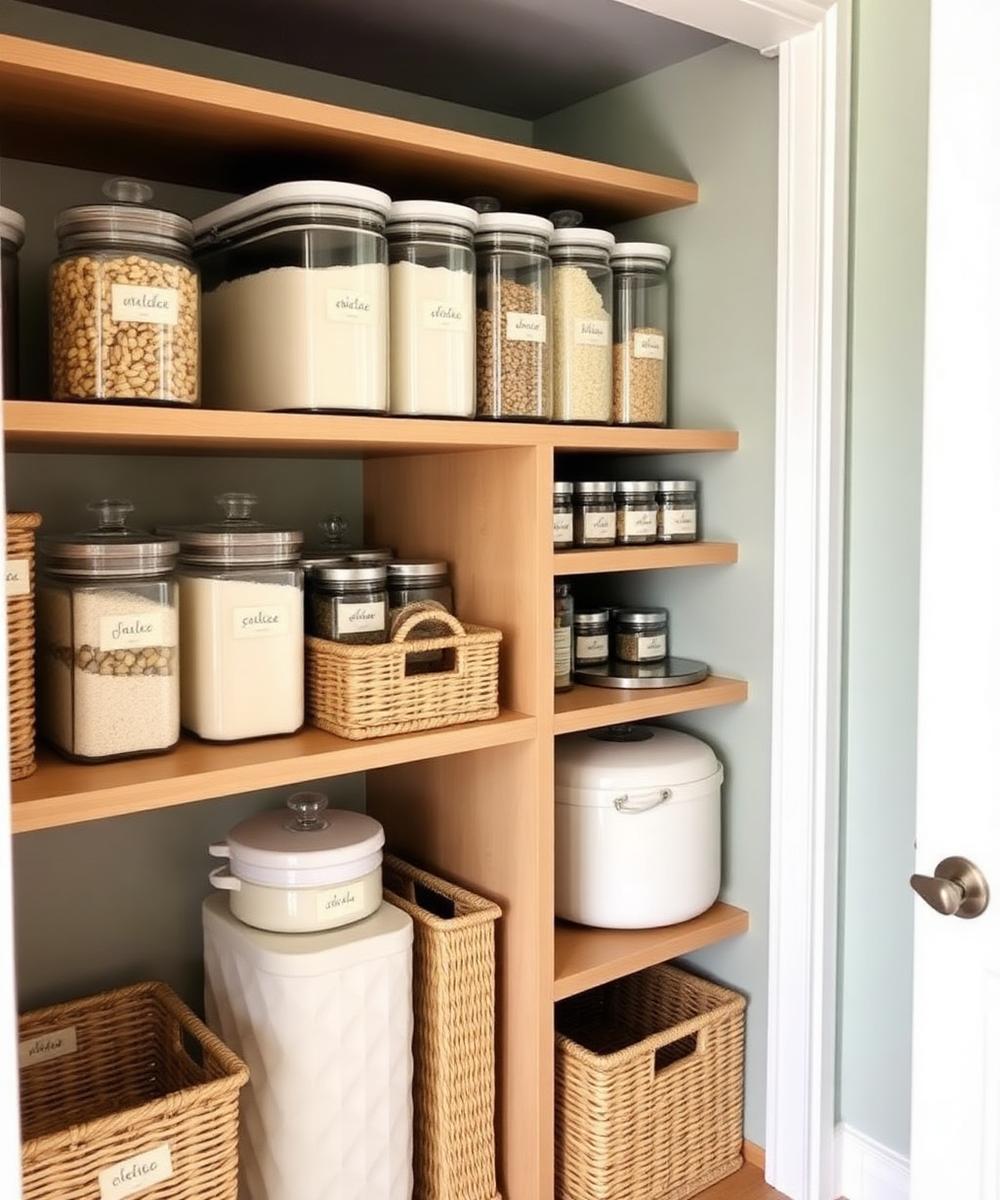 Organized pantry with glass canisters, baskets, and labels