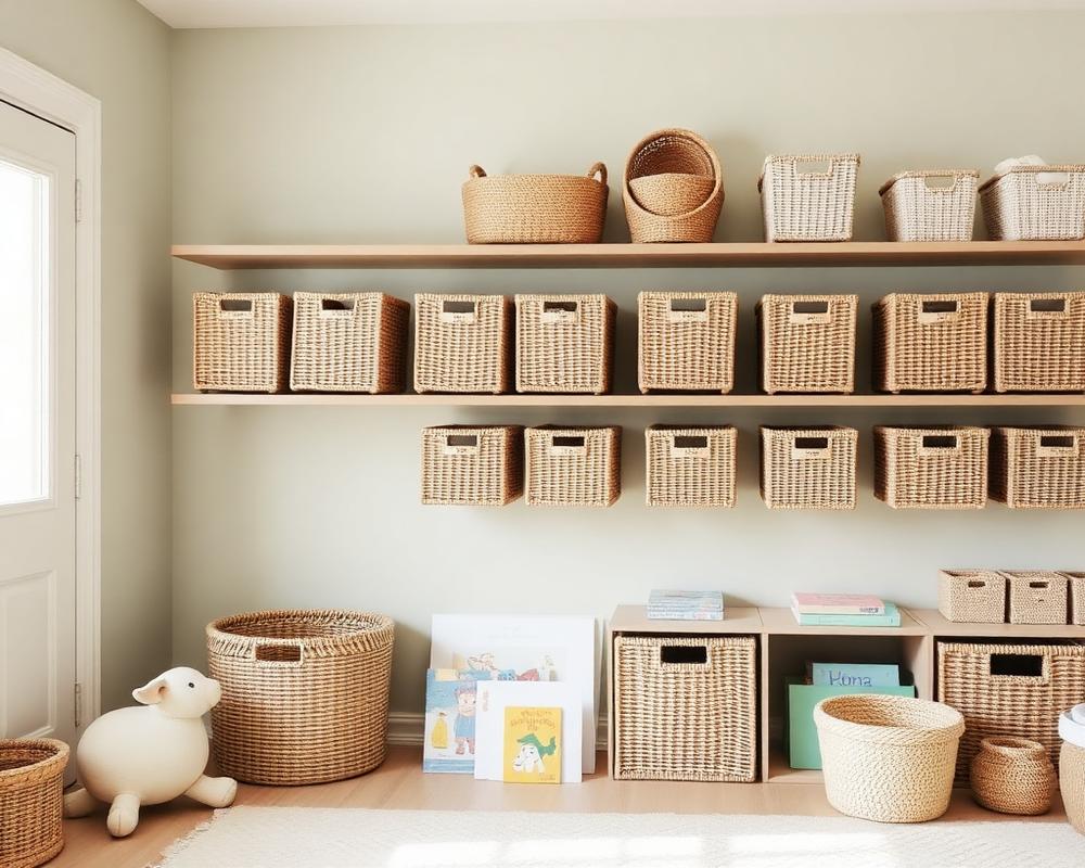 Muted sage playroom with labeled baskets and open shelving