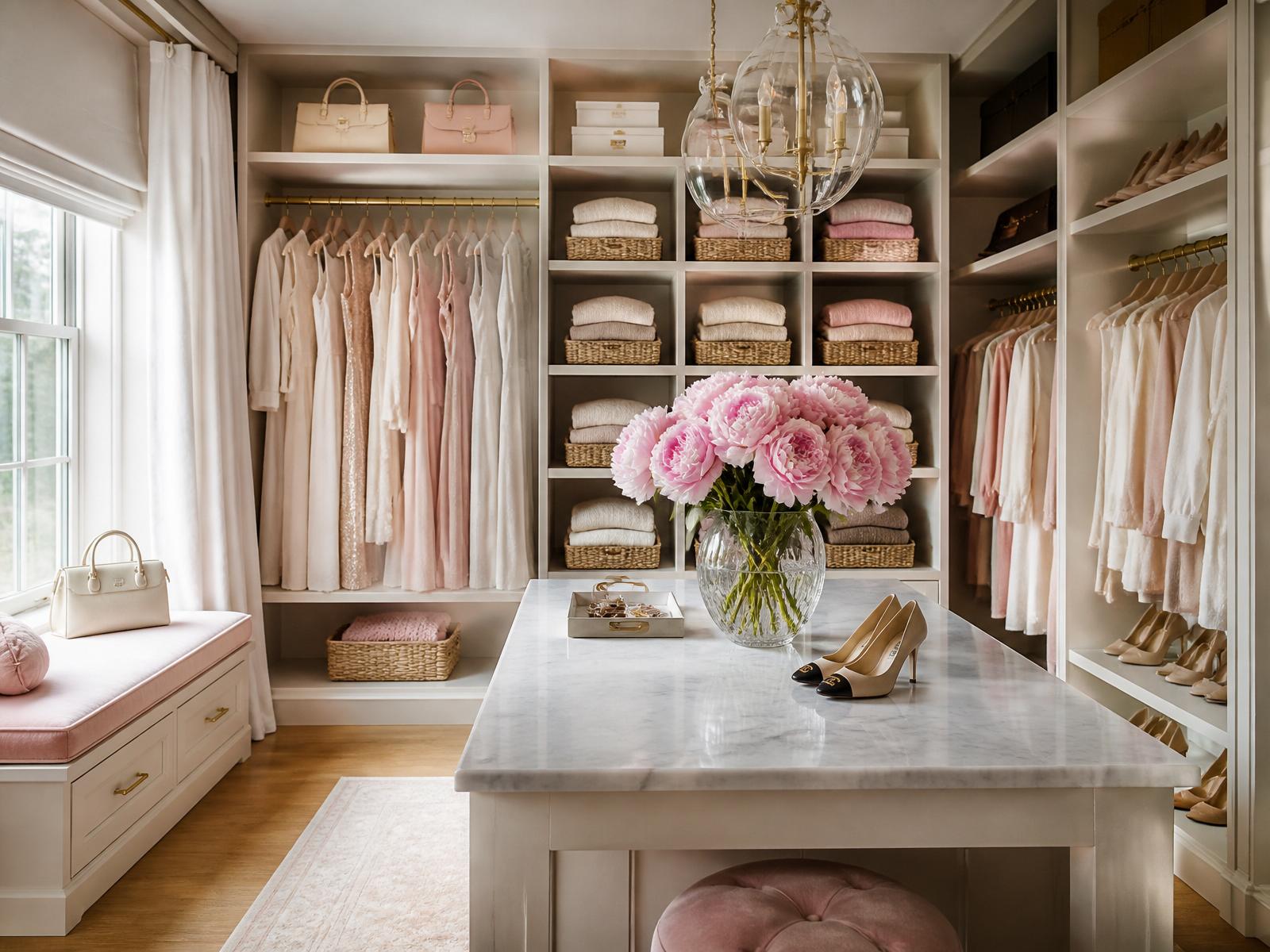 Beautifully organized luxury closet with blush and cream tones